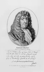 Portret van Samuel Butler (1612-80) met een voorbeeld van zijn handschrift